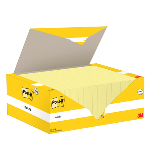 Eine geöffnete Schachtel Post-it® Notes, Gelb (76 x 127 mm) der 3M Deutschland GmbH offenbart gefütterte Blöcke; die Packung enthält 16 Blöcke plus 4 Gratisblöcke mit je 100 Blatt, die das ikonische Logo und ein gelb-weißes Bürobedarfsmuster tragen.