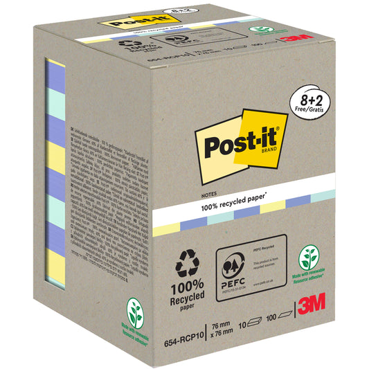 Post-it® Recycling Notes von 3M Deutschland GmbH, Größe 76x76 mm, aus 100% PEFC-zertifiziertem Papier, Aktionspackung mit 10 Blöcken à 100 Blatt. Box mit Recycling-Symbolen und Umweltzertifizierungen.