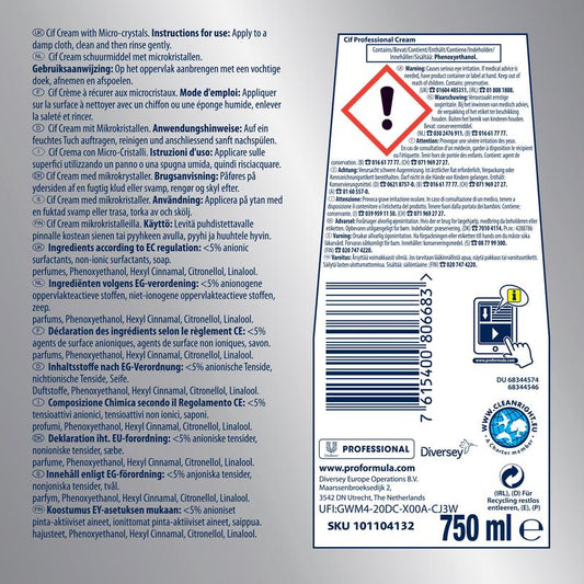 Etikett für Professional Scheuermilch von Diversey Deutschland GmbH & Co. OHG mit mehrsprachiger Anleitung, Zutaten, Barcode, Recyclingsymbolen, Logos, Aktivbleiche-Formel und 750 ml Volumen auf weiß-blauem Hintergrund.