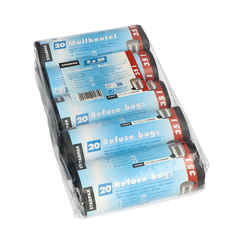 Eine Kunststoffverpackung enthält fünf Rollen Starpak 100 Müllbeutel, HDPE 35 l, 69x55 cm, schwarz. Die blau-weiße Verpackung enthält Produktinformationen in Deutsch und Englisch.