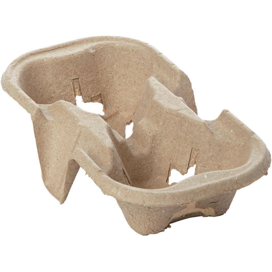 Der Becherhalter Fibre 2er PAP von Duni GmbH, mit zwei Becherfächern und mehreren Ausstanzungen für sicheren Getränketransport, liegt auf weißem Hintergrund. Die Packung enthält 200 Stück.