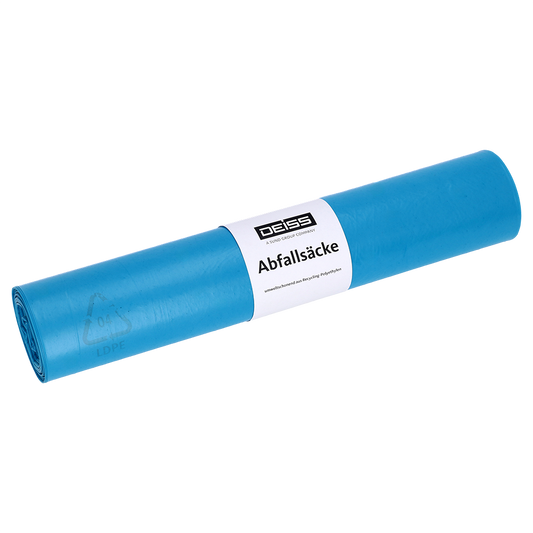 Eine Rolle DEISS 20243 Müllsäcke (700x1100 mm, Typ 70, blau, 25 Stück) der EMIL DEISS KG (GmbH + Co.) mit weißem Mittelschild, auf dem "DEISS" und "Abfallsäcke" stehen, auf weißem Hintergrund.