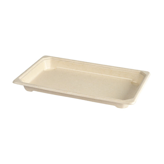 Ein rechteckiges beigefarbenes Duni GmbH Sushi & Deli Tray Medium (215x135x22 mm), hergestellt aus umweltfreundlicher, kompostierbarer Braun Bagasse mit PLA-Beschichtung, ist leer vor einem weißen Hintergrund abgebildet. Packung mit 110 Stück.