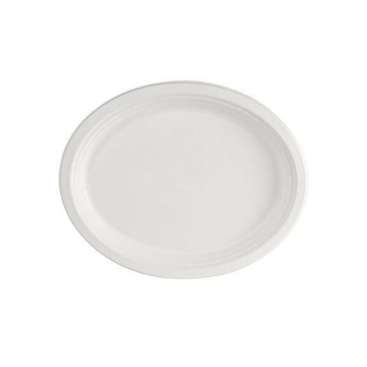 Der ovale, ungekochte Teller Weiß Bagasse 32 cm von Duni GmbH (Packung à 150 Stück) ist biologisch abbaubar, umweltfreundlich und verfügt über einen erhöhten Rand - ideal als nachhaltiges Einweggeschirr.