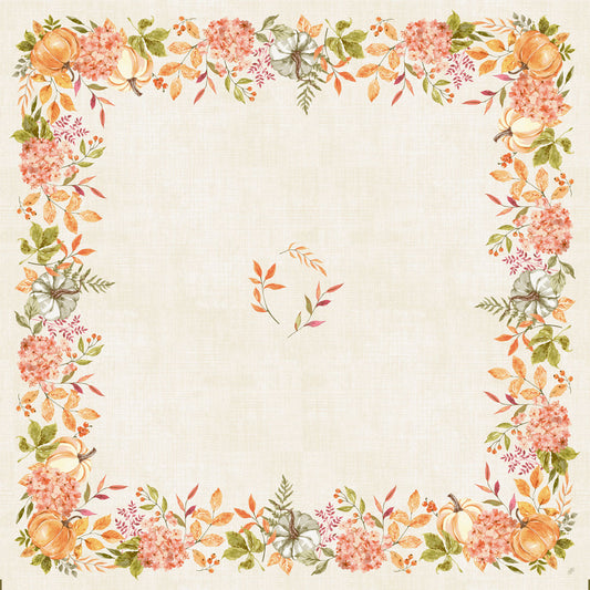 Die beigefarbene quadratische Bio-Dunicel-Mitteldecke 84x84cm der Duni GmbH ist mit einer herbstlichen Blumenbordüre mit Spicy Pumpkin-Akzenten in Orange, Grün und Creme verziert - ideal für eine nachhaltige Tischdekoration. Packung: 20 Stück.
