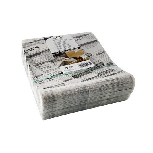 Eine eingeschweißte Packung mit 300 PAPSTAR Hamburger-Tüten "Newsprint", fettdicht (16x18 cm) von PAPSTAR GmbH, im schwarz-weißen Zeitungspapier-Design mit Produktinfo und Barcode, ideal als Pergament-Ersatz zum Einwickeln von Burgern.