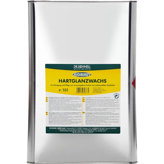 Ein 10-Liter-Gebinde Dr. Schnell HORNIT Hartglanzwachs der DR.SCHNELL GmbH & Co. KGaA, ideal für die professionelle Gebäudereinigung und Bodenpflege, geeignet für versiegeltes Parkett und unversiegelte Holzböden.