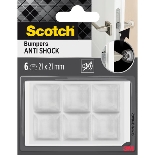 Sechs transparente, selbstklebende Scotch® Stoßabsorbierende Elastikpuffer für Wände SP91A62 von 3M, 21 x 21 mm, verpackt in 6 Stück pro Packung, dargestellt als Türstopper.