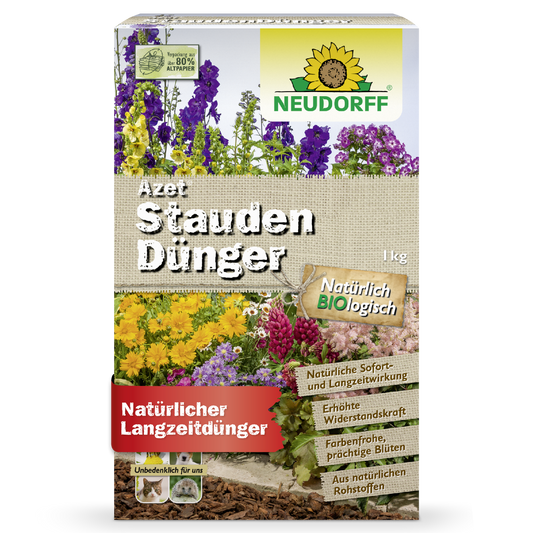 Eine Schachtel mit Neudorff Shop Azet StaudenDünger, einem organischen Dünger für Gärten und Stauden, mit bunten Blumen und deutschen Produktinformationen auf der Vorderseite.