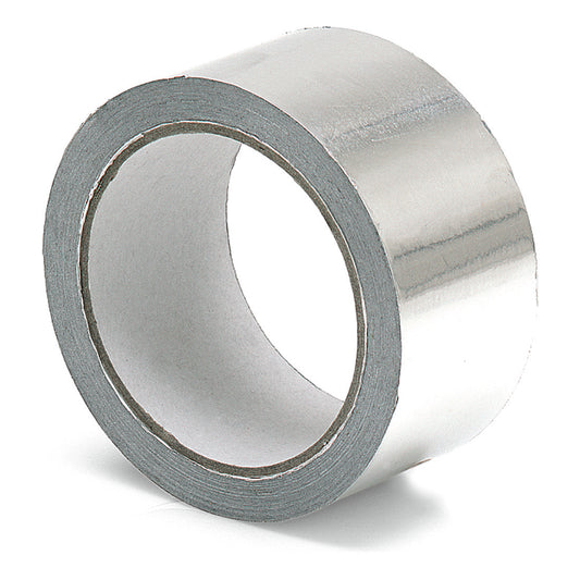 Eine Rolle Nölle Profi Brush Aluminium-Isolierband, 50 mm x 25 m (1 Stück) von Nölle Profi Brush Bürsten- & Pinseltechnik e.K., steht aufrecht auf weißem Untergrund - ideal zur Isolierung und Wärmedämmung.