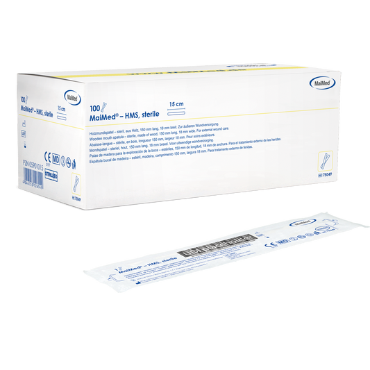 MaiMed - HMS depressor béal adhmaid steiriúil, 15cm ar fad, 100x1 ríomhaire. pacáilte steiriúla | Bosca (100 píosa)