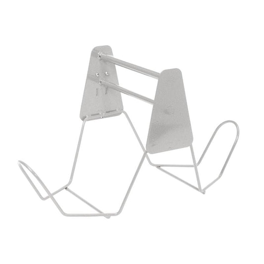 Ein minimalistischer Ständer aus silbernem Metalldraht mit abgewinkelten Armen und einer flachen Rückseite, perfekt, um den TASKI Nasswischhalter von Diversey Deutschland während der Reinigung aufrecht zu halten, wenn er mit 15-Liter-Eimern (7517292/7517293) und der Presse (7517291) verwendet wird.