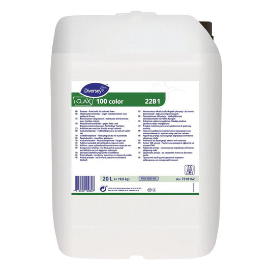 Ein weißer 20-Liter-Kunststoffbehälter mit Clax 100 Farbe 22B1 Waschkraftverstärker von Diversey Deutschland GmbH & Co. OHG, mit Produktdetails, Markenlogo und Gebrauchsanweisungen auf dem vorderen Etikett.