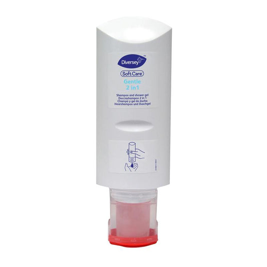Eine weiße 300 ml Flasche Soft Care Gentle 2in1 Duschgel und Haarshampoo von Diversey Deutschland GmbH & Co. OHG, mit rotem Verschluss, ist auf dem Kopf stehend abgebildet. Das Frontetikett und der Hinweis auf die sanfte Formel sind sichtbar.