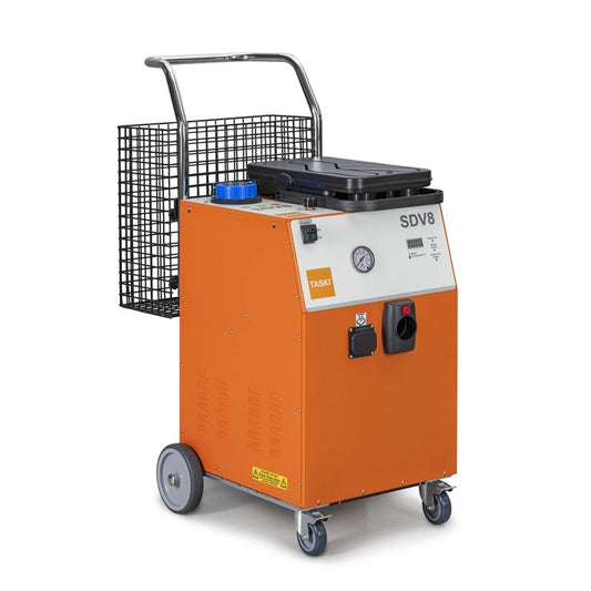 Der TASKI Steam SDV8 Dampfreiniger von Diversey Deutschland GmbH & Co. OHG verfügt über 8 bar Dampfdruck, integrierte Absaugung, Reinigungsmittel-Aufsatz, Steuerpanel mit Schaltern und Manometer sowie Rollen und Metallkorb. Packung: 1 Stück.