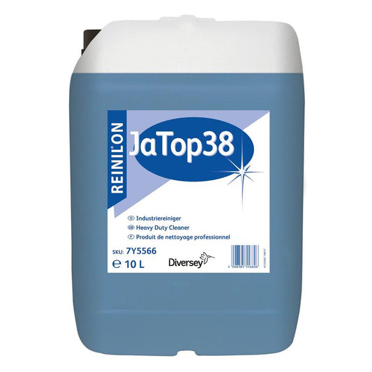 Ein 10-Liter-Gebinde Reinilon Ja-Top 38 Industriereiniger von Diversey Deutschland GmbH & Co. OHG zeichnet sich durch eine blaue Flüssigkeit, eine umweltfreundliche Formel und ein Etikett mit Produktangaben und einem Barcode auf der Vorderseite aus.