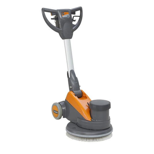 Die TASKI ergodisc 200 von Diversey Deutschland GmbH & Co. OHG, eine kostengünstige Scheuersaugmaschine mit niedriger Drehzahl (200 U/min) für alle Standard-Reinigungsaufgaben, ist in den Farben Grau und Orange mit Bedienelementen und Rädern auf weißem Hintergrund abgebildet.