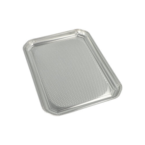 Die Starpak 5 Servierplatten, Alu eckig 35 cm x 26 cm, sind rechteckige Aluminium-Tabletts mit leicht erhöhtem Rand und strukturierter Unterseite, ideal für die Gastronomie, hygienisch in Schrumpffolie verpackt.