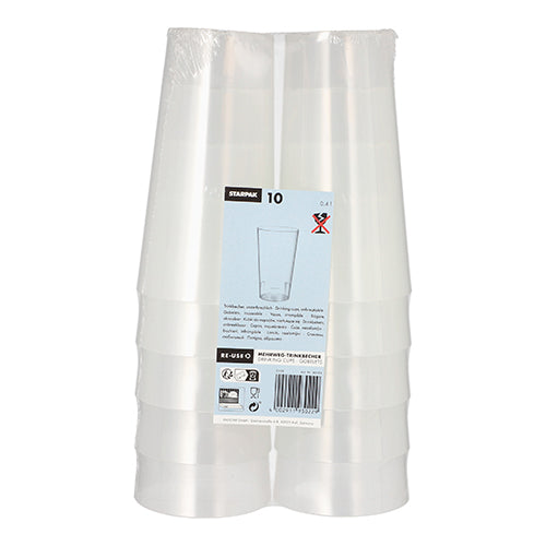 Das Produkt „Starpak 10 Mehrweg-Trinkbecher“ der Marke Starpak zeigt zehn stapelbare, langlebige Becher aus klarem Kunststoff in umweltfreundlicher Verpackung mit blau-weißem Etikett stehend angeordnet.