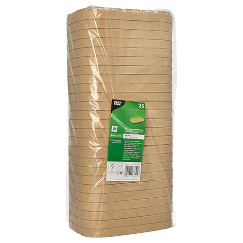 Ein Stapel PAPSTAR 25 braune, rechteckige Pappdeckel (2x17,3x12,3 cm) von PAPSTAR GmbH ist in klarer Folie mit grün-weißem Etikett verpackt.