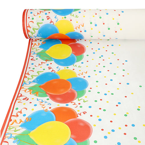 Die Starpak Tischdecke, stoffähnlich, Vlies "soft selection plus" zeigt bunte Luftballons, Konfettipunkte und Luftschlangen an den Rändern auf einem weißen Hintergrund mit rotem Rand.