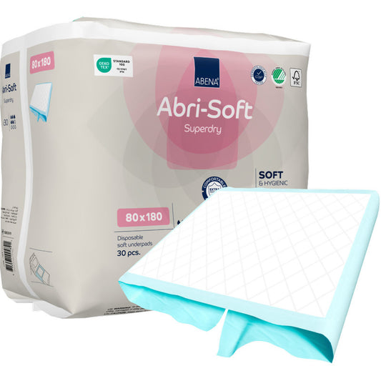Eine Packung der Einweg-Unterlage Abri-Soft Superdry von Abena Re-Seller GmbH (80x180 cm), mit einer gesteppten Unterlage mit blauem Rand auf der Vorderseite. Jede Packung enthält 30 Einwegpaare.