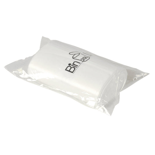 Eine transparente Kunststoffverpackung der Abena Re-Seller GmbH enthält eine Rolle mit 20 weißen Bin Line Beutel 20 L (385x775 mm, 10 my LLDPE), die in der Verpackung versiegelt und auf einem einfarbig weißen Hintergrund abgebildet sind.