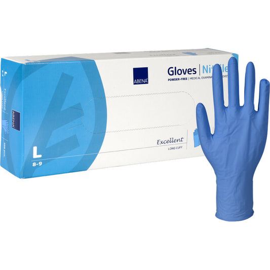 Abgebildet ist eine Schachtel Abena Re-Seller GmbH Nitril-Handschuhe Excellent, Puderfrei, Lang, Blau in der Größe large, wobei ein blauer, langer, puderfreier Handschuh aufrecht neben der weiß-blau akzentuierten Verpackung steht.