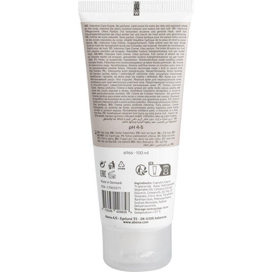 Rückansicht einer 100 ml Tube Abena Re-Seller GmbH Fettcreme für trockene Haut, Karton (12 Packungen), mit Produktinformation, Gebrauchsanweisung, Zutatenliste, Barcode und Herstellerangaben in mehreren Sprachen.