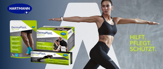 Werbebanner für HARTMANN DermaPlast ACTIVE Produkte mit sportlich aktiver Frau in schwarzem Sportoutfit in Dehnposition. Links sind drei Produkte abgebildet: COOLFIX selbstklebende Stützbandage, SPORT TAPE und COOL GEL. Im Hintergrund groß das HARTMANN-Logo und der Slogan „HILFT. PFLEGT. SCHÜTZT.“ in gelber Schrift.