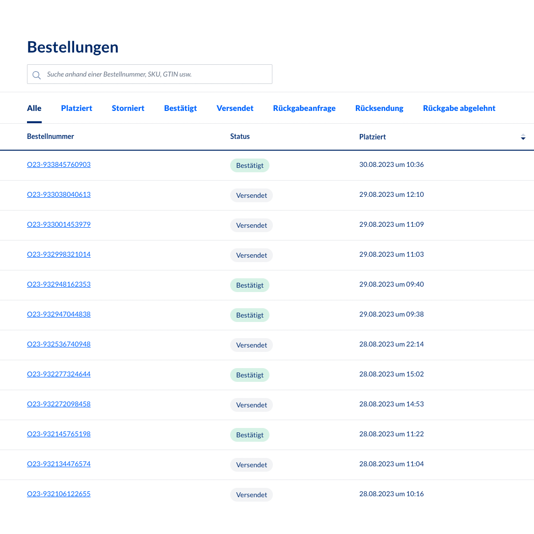 A screenshot of the backend order management system Altruan MetroSync: Metro Market to Weclapp order processing, displaying a table with order numbers and status updates. Each row contains order number, status, SKU, creation date, and time. Most statuses show