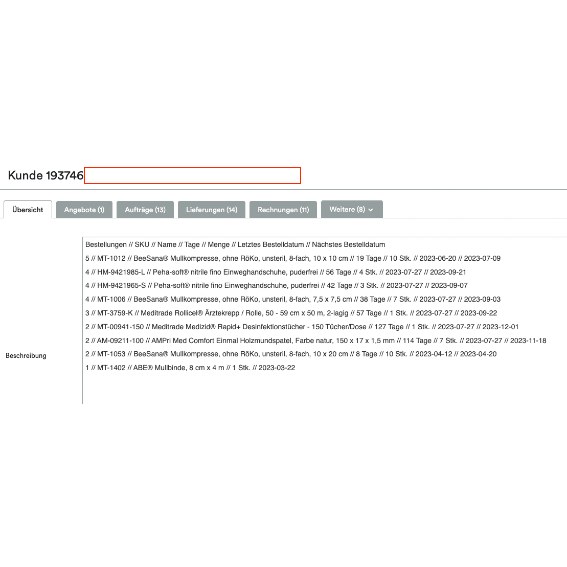 A screenshot showing an Altruan ClientView Orders interface with various tabs such as "Overview," "Offers," and more. At the top, the customer number 193746 is highlighted. The following section shows the Weclapp customer overview by purchased products.
