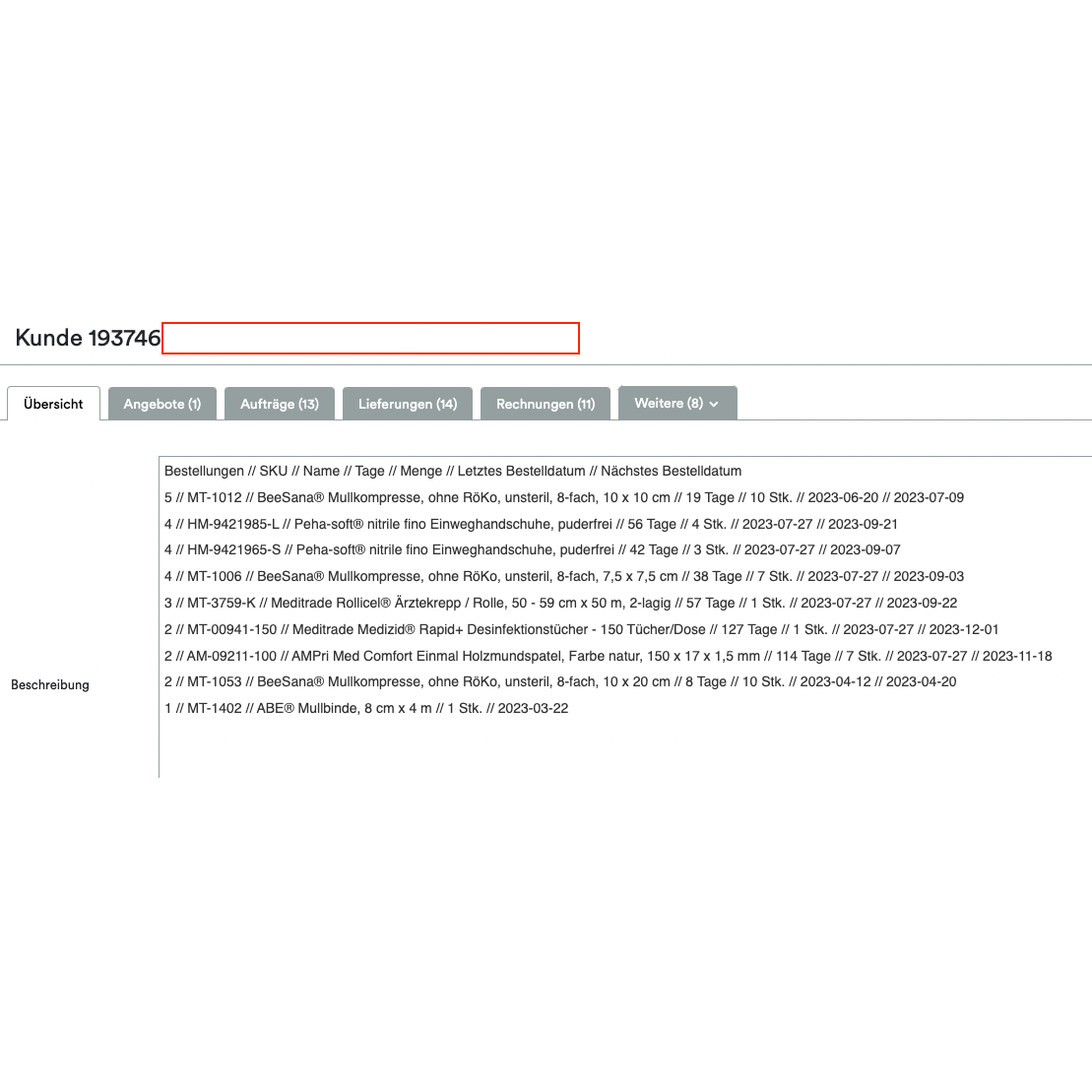 A screenshot showing an Altruan ClientView Orders interface with various tabs such as "Overview," "Offers," and more. At the top, the customer number 193746 is highlighted. The following section shows the Weclapp customer overview by purchased products.