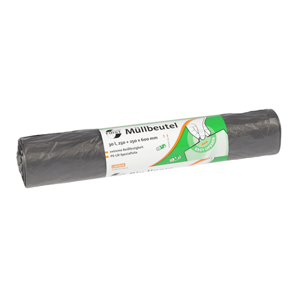 A roll of DEISS 34003 gray trash bags from EMIL DEISS KG (GmbH + Co.) includes a label with recycling symbols and product information in German for 30-liter trash bags. The label measures 250 + 250 x 600 mm and features an illustration of a hand demonstrating the Easy-Opener design for convenient emptying.