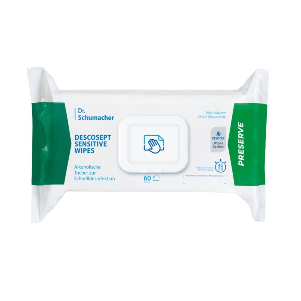 A package of Dr. Schumacher Descosept Sensitive Wipes disinfectant wipes from Dr. Schumacher GmbH for quick disinfection. The label indicates that these are alcohol-based wipes, ideal for medium-sized surfaces. The package is mostly white with green accents and contains 60 wipes.