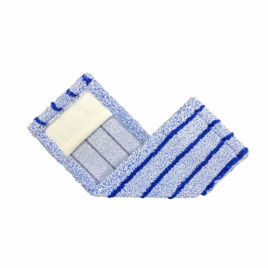 Das Arcora RUNNER BLUE - FC OHNE DECKBLATT von Arcora International GmbH ist ein blau-weiß gestreiftes Mikrofaser-Mop-Pad auf weißem Hintergrund, das mit einer rechteckigen Klettfläche ideal für alle Arten von strapazierfähigem Bodenbelag ist.
