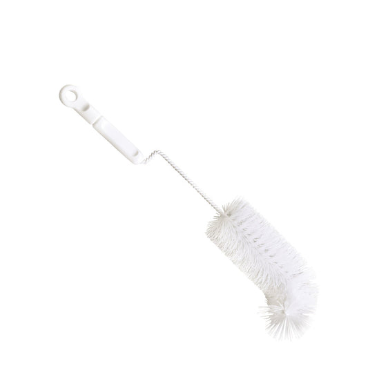 Die Haug Bürsten KG BABYFLASCHENBÜRSTE, NYLON 6.0 WEIß, ø0,35mm weich, 310xø50mm verfügt über einen weißen weichen Nylonbürstenkopf mit gedrehtem Metallstiel und Kunststoffgriff mit Aufhängeloch - ideal für die einfache Reinigung von Babyflaschen.