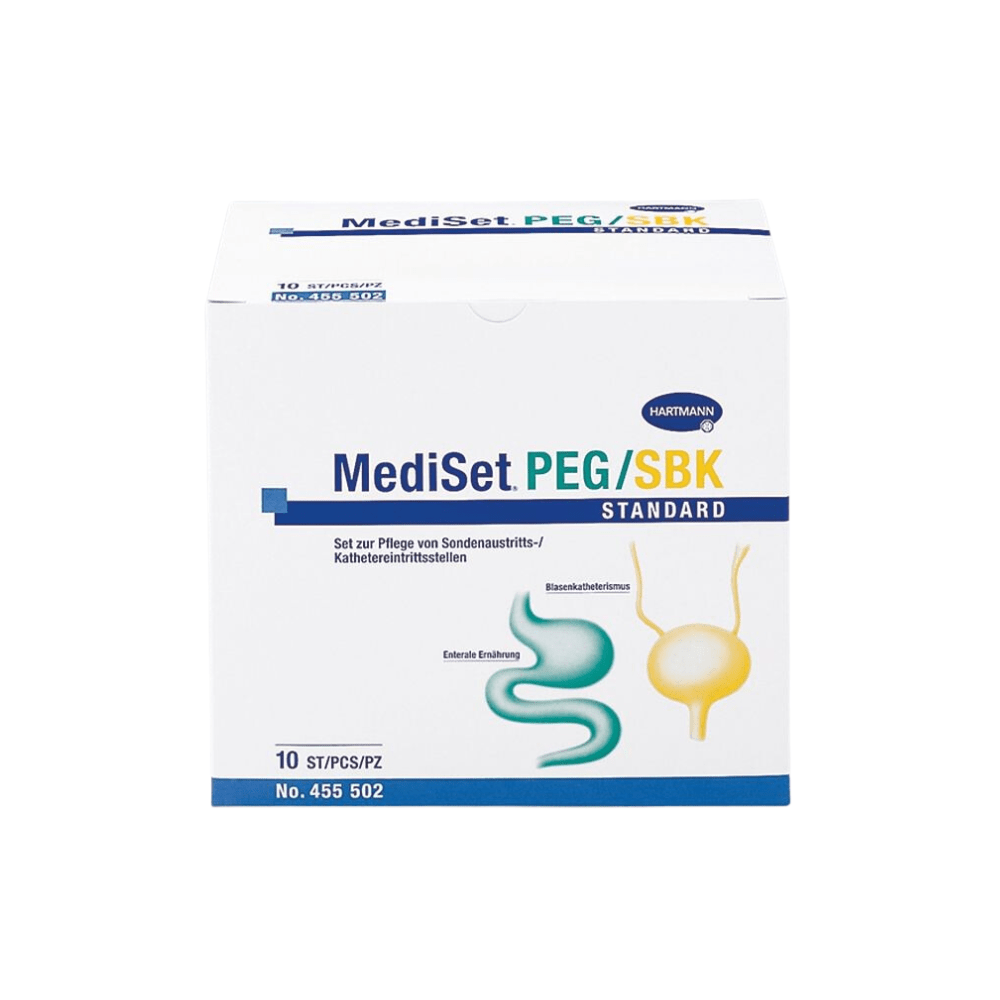 Image of a box labeled “Hartmann MediSet PEG/SPK Standard Catheter Set, sterile.” This product from Paul Hartmann AG contains 10 catheter care sets. The front of the box features illustrations of the digestive tract and the catheter; the packaging displays the product number 455 502 and text in German.