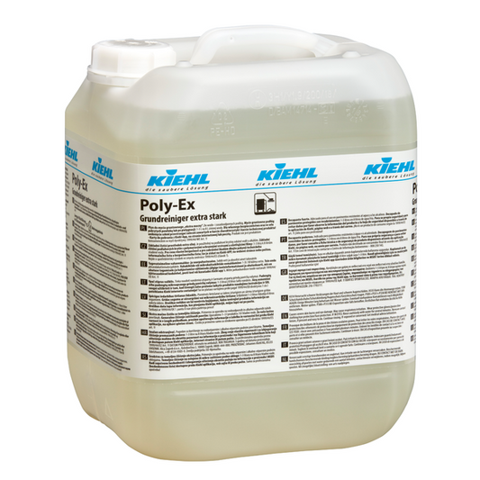 Ein großer klarer Kunststoffbehälter mit weißem Deckel enthält eine gelbliche Flüssigkeit. Auf dem Etikett steht "Kiehl Poly-Ex Grundreiniger, extra stark" von Johannes Kiehl KG und bietet Bodenreiniger-Details in mehreren Sprachen.