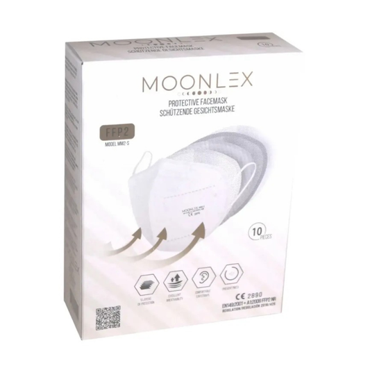 Eine Schachtel mit Altruan MOONLEX FFP2 Maske, 5-lagig, CE2890 - einzeln foliert. Enthält 10 Stück. Die Verpackung zeigt weiße Masken und Piktogramme, mit englischem und deutschem Text.