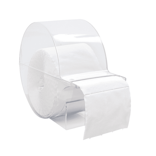 Eine Meditrade Zellstofftupfer-Box der Meditrade GmbH enthält eine Packung (1 Stück), wobei etwas Produkt sichtbar ist und teilweise aus dem transparenten Spender herausragt.