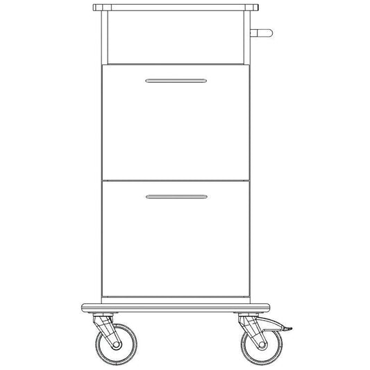 Schwarz-weiße Strichzeichnung des Novocal Pflege- und Arbeitswagens mit Vollkunststoff-Fahrgestell, zwei großen Schubladen mit horizontalen Griffen, vier Rädern und einem seitlichen Griff, dargestellt von vorne. Marke: Novocal. Packung (1 Stück).