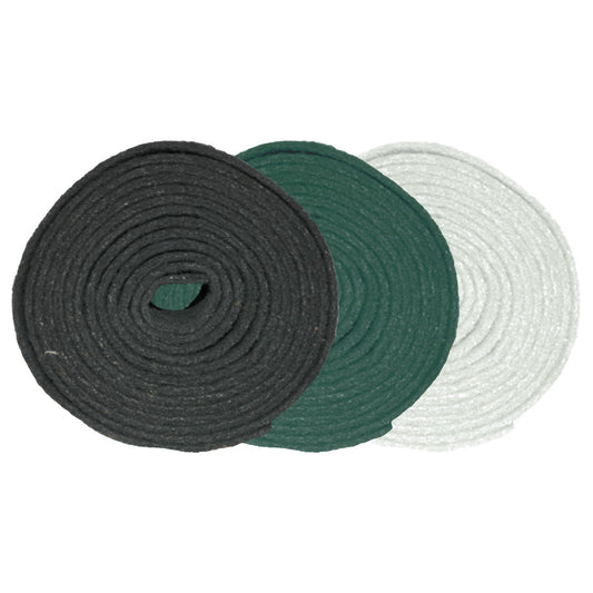 Drei Rollen Arcora ROLLENWARE HANDPAD 5000 x 150 mm der Arcora International GmbH sind in den Farben Schwarz, Grün und Weiß auf weißem Grund abgebildet - perfekt für diverse Reinigungs- oder Bindeanwendungen.