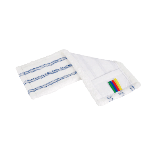 Der Vileda Base Micro Mop Wischbezug (Auslaufartikel, 1 Stück) von Vileda GmbH ist ein weißes, rechteckiges Reinigungspad mit blauen Streifen und einer Endtasche, kompatibel mit jedem Flachwischsystem. Abgebildet auf einfarbig weißem Hintergrund.