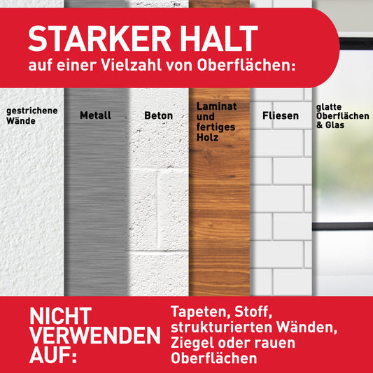 Die 3M Command™ Medium Designer-Haken (17081-FGN) haften stark auf gestrichenen Wänden, Metall, Beton, Laminat/Holz, Fliesen und glatten Oberflächen - ideal zur Aufbewahrung daheim, jedoch nicht für Tapeten oder raue Untergründe.