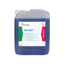 Ein 5-Liter-Kunststoffbehälter des Dr. Schumacher OPTISEPT® Desinfektionsreinigers der Dr. Schumacher GmbH mit blauer Flüssigkeit und mehrsprachigem weißen Etikett zur effektiven Flächendesinfektion und -reinigung.