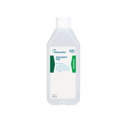 A 1L plastic bottle of Dr. Schumacher DESCOSEPT PUR, rapid disinfection by Dr. Schumacher GmbH, with a white label with green and blue accents and a white cap. Ideal for medical inventory; upright on a white background.