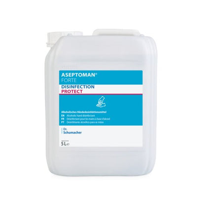 A white, translucent 5-liter container labeled "Dr. Schumacher Aseptoman® forte hand disinfectant" from Dr. Schumacher GmbH, an alcoholic, skin-friendly hand disinfectant with virucidal effect. The label is in German, English, and French.