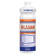 Die Dr. Schnell GLASAN von DR.SCHNELL GmbH & Co. KGaA ist eine weiße Flasche mit einem Etikett für streifenfreie Reinigung-ideal als Ihr Glasreiniger oder Oberflächenreiniger.