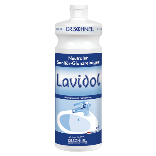 Eine weiß-blaue 1-Liter-Flasche Dr. Schnell LAVIDOL Sanitärreiniger der DR.SCHNELL GmbH & Co. KGaA ist mit deutschem Text und der Abbildung eines Waschbeckens und eines Wasserhahns versehen und enthält konzentrierten neutralen Sanitärreiniger.
